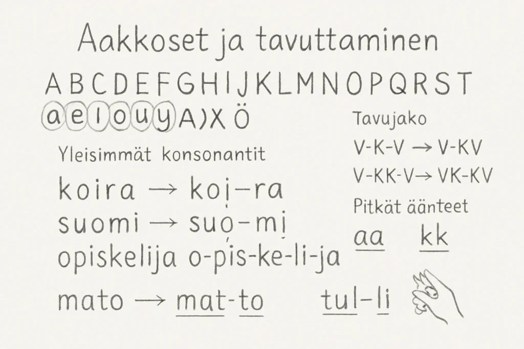 Pehmeästi lyijykynällä piirretty, minimalistinen opaskuva: ylhäällä käsin kirjoitettu otsikko Aakkoset ja tavuttaminen, yksi rivi koko suomen aakkostoa mukaan lukien Å, Ä, Ö. Vokaalit (a e i o u y ä ö) on ympyröity vaaleasti ja tavallisimmat konsonantit merkitty. Keskellä yksinkertaiset tavutus-esimerkit viivoilla ja nuolilla: koira → koi-ra, suomi → suo-mi, opiskelija → o-pis-ke-li-ja. Kolme pientä sääntökarttaa V-K-V → V-KV, V-KK-V → VK-KV, V-KKK-V → VK-KK V, pitkien äänteiden kuvaus kaksinkertaisin kirjaimin (mato → mat-to, tuli → tul-li) ja pieni kämmennapin ikoni ensimmäisen tavun painotuksesta. Runsaasti valkoista tilaa, siistit lyijykynän viivat ja lyhyet suomenkieliset annotaatiot tekevät kuvasta selkeän ja kuvailevan artikkelin otsakkeeksi.