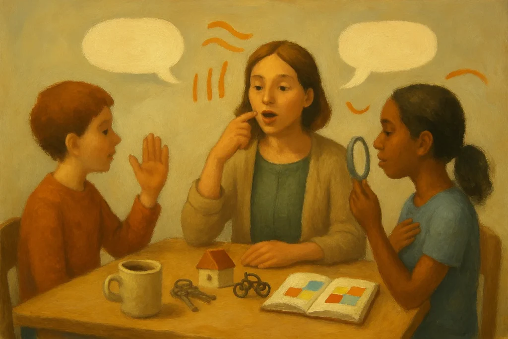 Oil painting of a small, warm classroom table where a patient teacher demonstrates mouth shapes while two students practice greetings — one subtly waving, the other holding a mirror to watch their lips. On the table sit a coffee mug, keys, a tiny house model and a toy bicycle; an open notebook shows colored syllable blocks as abstract shapes. Empty speech bubbles and floating sound ribbons and short strokes visually represent long and short vowel sounds and syllable rhythm. Soft limited palette, warm inviting light, gentle visible brushstrokes and a minimalist, uncluttered background create an intimate, readable composition.