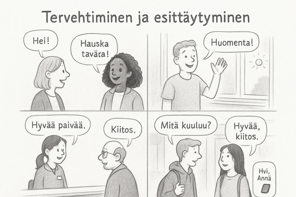 Soft pencil educational illustration arranged as a clean page with the title at the top and four neat vignettes in a grid: 1) two people meeting and smiling with speech bubbles reading "Hei!", "Hauska tavata!" and "Hei, minä olen Amina."; 2) a morning scene with a person waving and a small sun icon, speech bubble "Huomenta!"; 3) a shop/customer service counter showing a polite exchange with bubbles "Hyvää päivää." and "Kiitos."; 4) a casual campus/corridor chat between two students with bubbles "Mitä kuuluu?" and "Hyvää, kiitos." A tiny inset phone/message reads "Hei, Anna,". Characters are diverse in age and background, wearing simple clothing; linework is soft pencil with light shading on textured paper, uncluttered backgrounds, clear, readable handwritten Finnish and a friendly, instructional tone for high legibility and balanced composition.