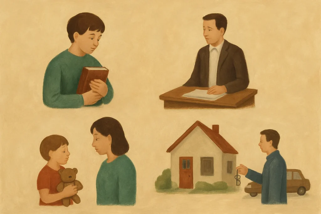 An oil-painting tableau of four small, clear vignettes on a warm neutral ground illustrating ownership and the genitive: a student gently holding a book, a teacher standing beside a desk with papers, a child clutching a toy while a parent watches, and a house exterior with a person holding keys in front of the door and a parked car nearby. Minimal, uncluttered composition with soft brushstrokes, a limited muted palette and gentle natural lighting for high readability in an article; no text or labels.