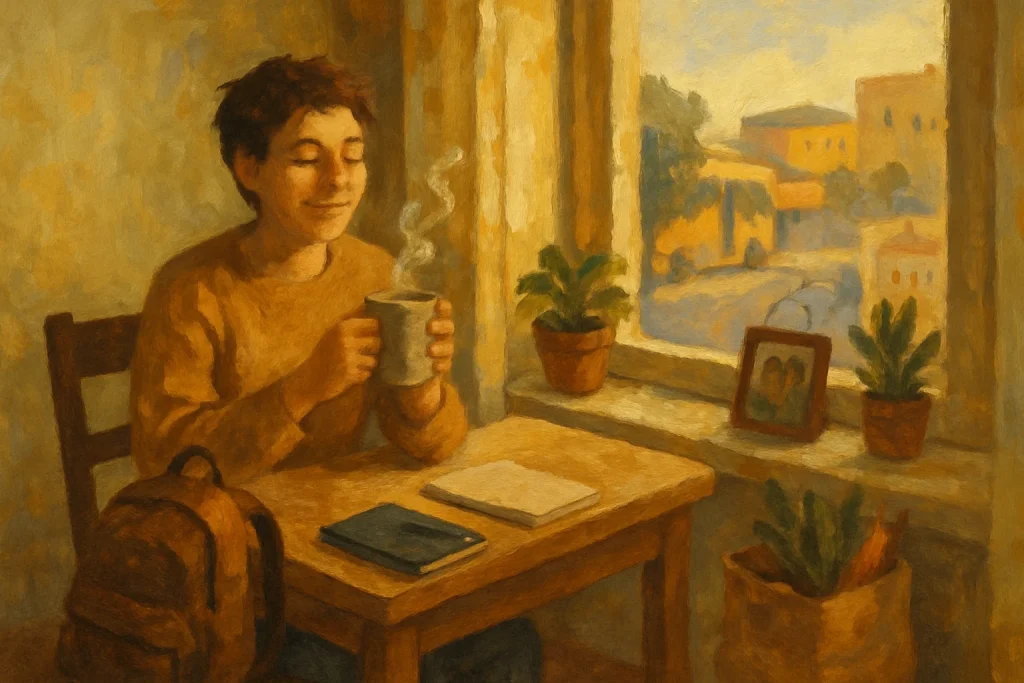 An intimate oil painting of a warm morning in a small apartment: a young adult smiles while holding a steaming mug at a simple kitchen table. A backpack and keys rest on a chair, a paper grocery bag with vegetables sits on the floor, and a notebook and pen lie ready on the table. On the windowsill a family photo and a potted plant catch the soft sunlight; through the open window simplified shapes of a quiet street reveal a waiting bus, a bicycle, a small shop and a distant school. A limited palette, loose brushstrokes and natural morning light create a calm, everyday portrait of routine and contentment.