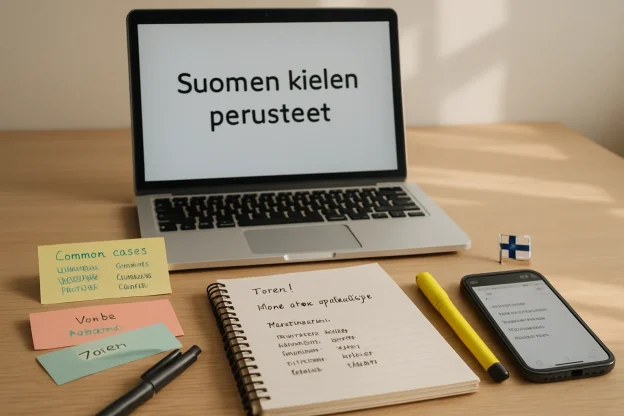 Photorealistic close-up of a neat study desk bathed in soft natural daylight: an open laptop clearly showing a slide titled Suomen kielen perusteet, a spiral notebook with neat handwritten Finnish phrases and basic case endings, colorful flashcards labeled common cases and verbs, a pen and highlighter, a smartphone displaying a short practice message in Finnish, and a small Finnish flag pin. Warm, inviting composition with shallow depth of field and realistic textures, perfect for an article on practical Finnish language basics.