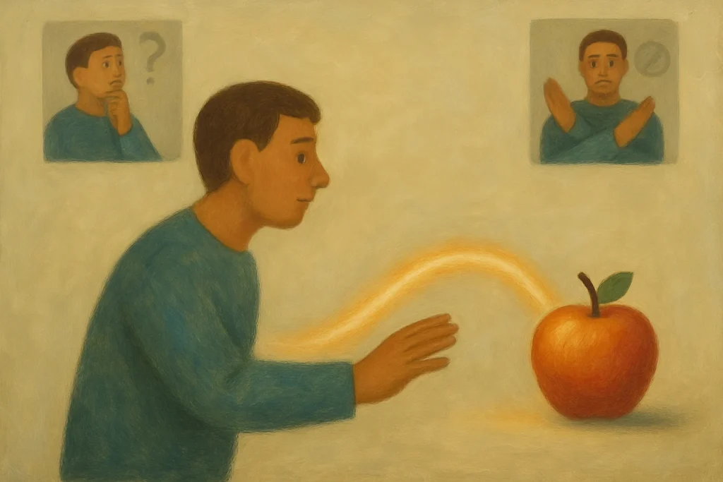 Oil-painted editorial illustration showing a single figure on the left (subject) reaching toward an apple on the right (object). A warm, glowing motion line spans the composition as the verb, visually connecting actor and object; two small unobtrusive vignettes sit in a corner—one with the figure in a questioning pose and a faint question-mark motif, the other in a negating pose with a subtle crossed-circle—no text or labels, minimal soft background, muted palette, clear readable shapes, gentle painterly brushstrokes and a high-contrast centered focal area suitable for an article header.